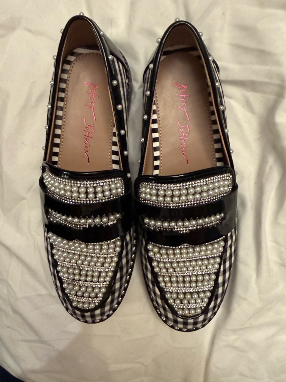 Betsey Johnson Black and White Pearl-Embellished Gingham Loafers